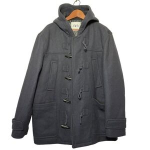 ZARA Men's Navy Blue Hooded Duffle Coat Toggle Closure Quilted Lined XL Quilted‎